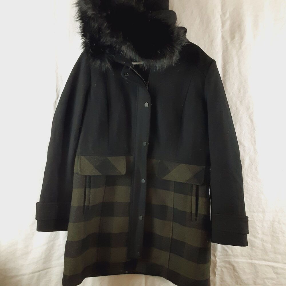 Lucky Brand Womens Large Heavy Winter Wool & Faux Fur Hood Coat Black Striped